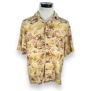 Tommy Bahama Hawaiian Silk Shirt Mens Medium Beige Woody Car Print Short Sleeve
